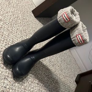 Women's Original Tall Rain Boots Navy with Cable Knitted Cuff Tall Boot Socks